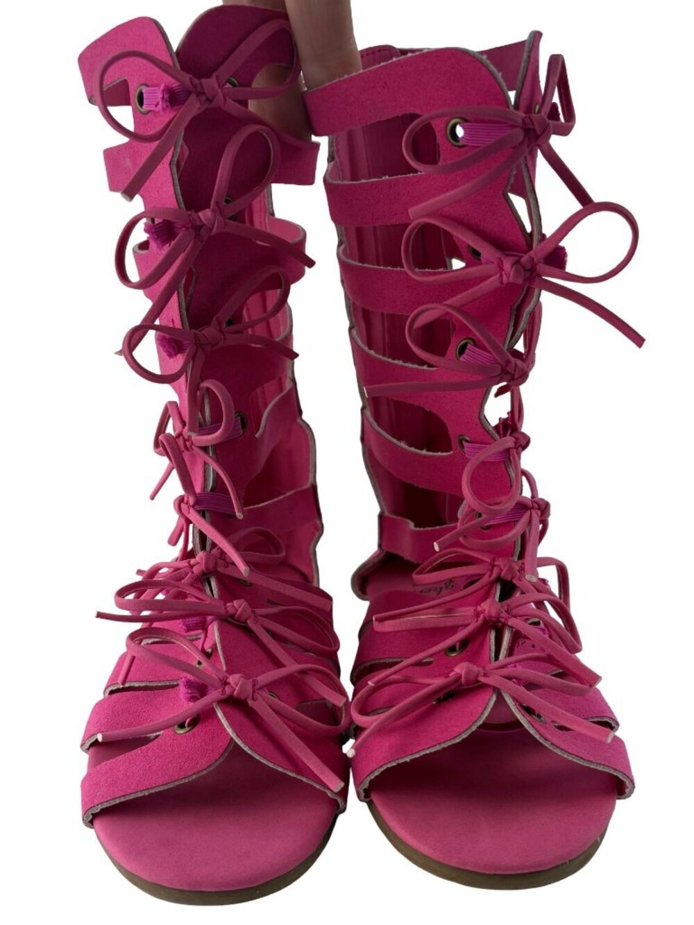 Makena Lane Girls Tall Gladiator Sandals in Faux Suede Bows Hot Pink Kids Size 1 - Picture 4 of 9